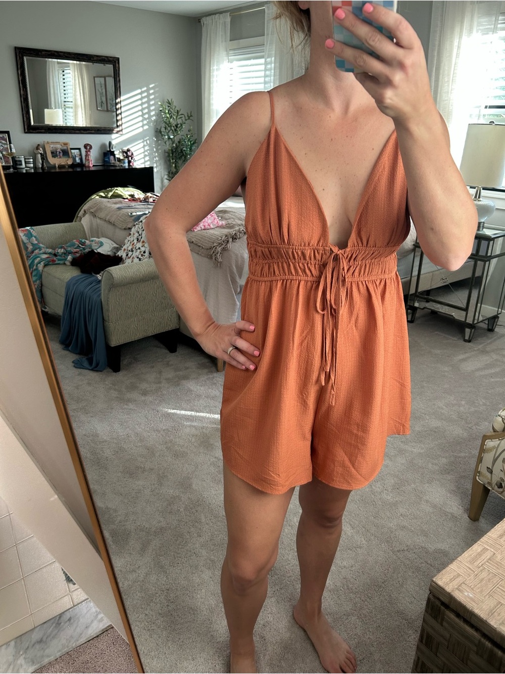 Cupshe Rust Orange Deep V-Neck Drawstring Romper